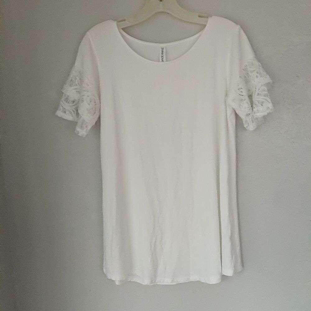 Zenana Signature Women's White Tunic Lace Layer  Med Boho Prep Minimalist Career